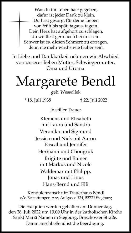 Anzeige von Margarete Bendl von Kölner Stadt-Anzeiger / Kölnische Rundschau / Express