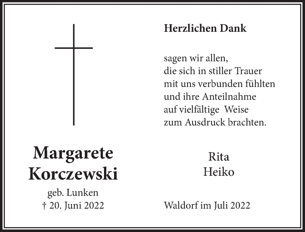  Traueranzeige für Margarete Korczewski vom 29.07.2022 aus  Schaufenster/Blickpunkt 
