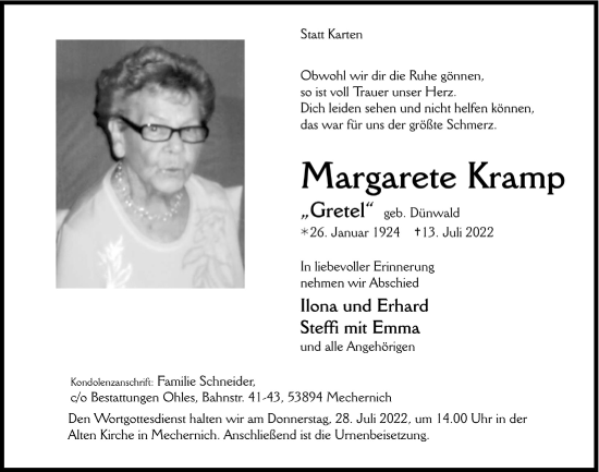 Anzeige von Margarete Kramp von  Blickpunkt Euskirchen 