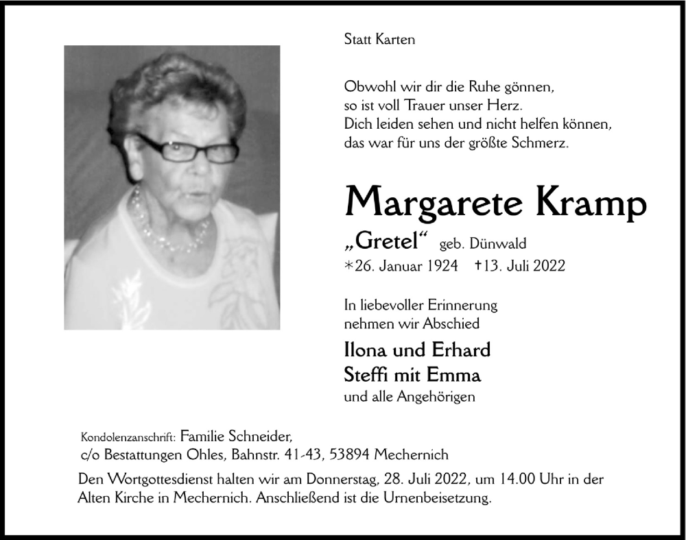  Traueranzeige für Margarete Kramp vom 23.07.2022 aus  Blickpunkt Euskirchen 