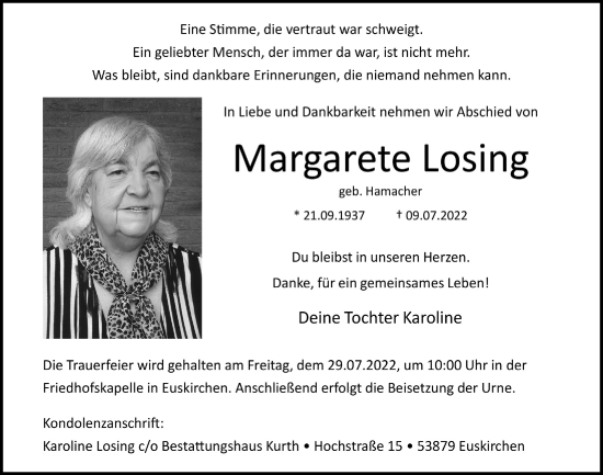 Anzeige von Margarete Losing von  Blickpunkt Euskirchen 