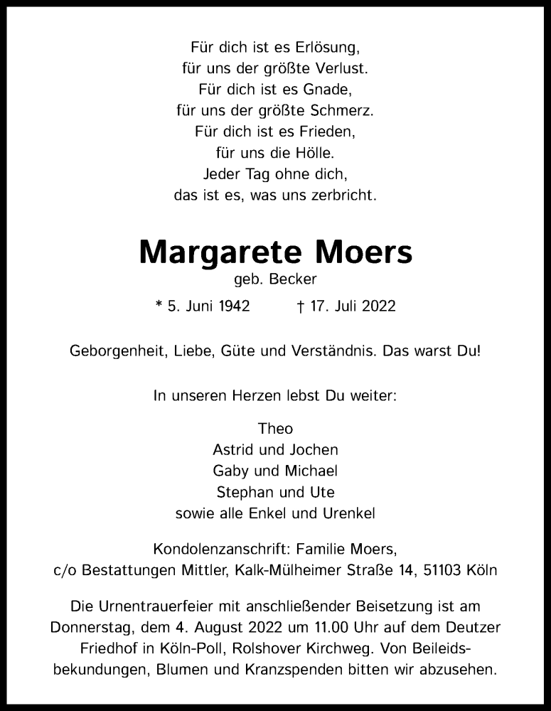  Traueranzeige für Margarete Moers vom 30.07.2022 aus Kölner Stadt-Anzeiger / Kölnische Rundschau / Express