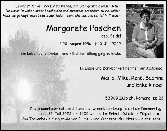 Anzeige von Margarete Poschen von  Blickpunkt Euskirchen 