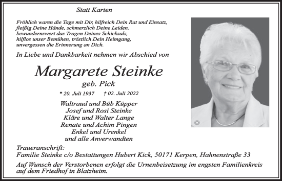 Anzeige von Margarete Steinke von  Werbepost 