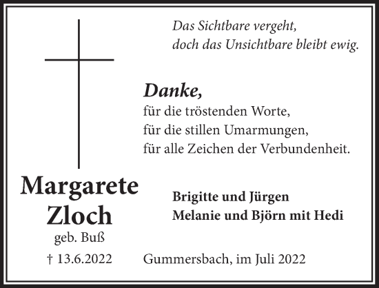 Anzeige von Margarete Zloch von  Anzeigen Echo 