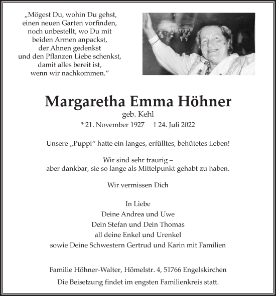 Anzeige von Margaretha Emma Höhner von  Anzeigen Echo 