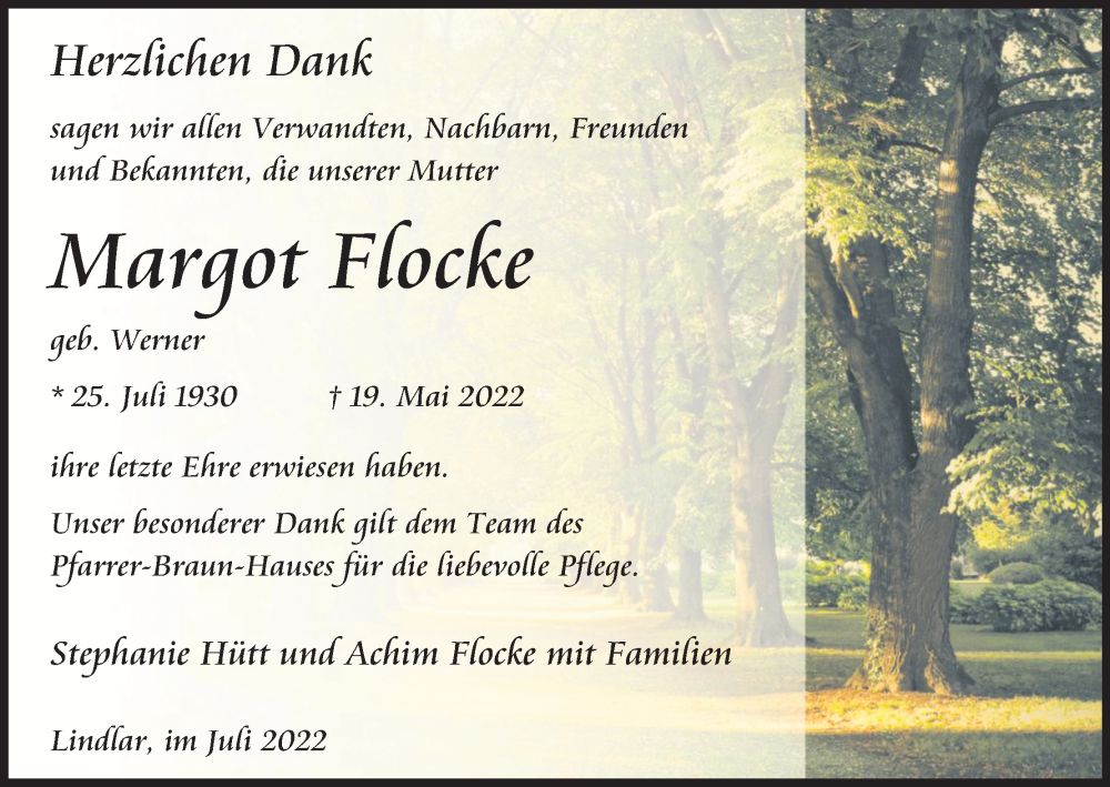  Traueranzeige für Margot Flocke vom 09.07.2022 aus Kölner Stadt-Anzeiger / Kölnische Rundschau / Express