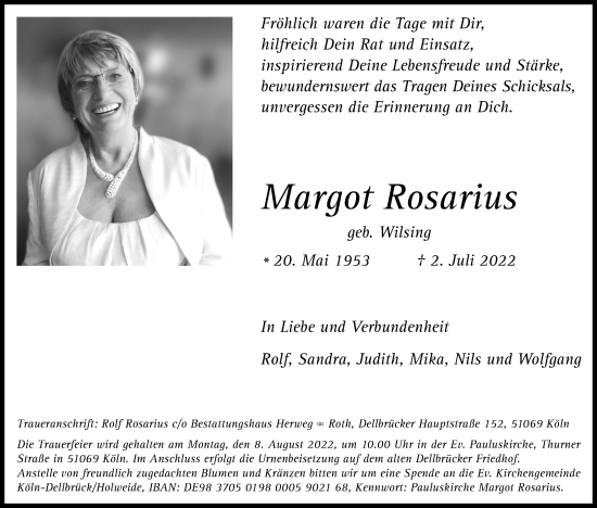 Anzeige von Margot Rosarius von Kölner Stadt-Anzeiger / Kölnische Rundschau / Express