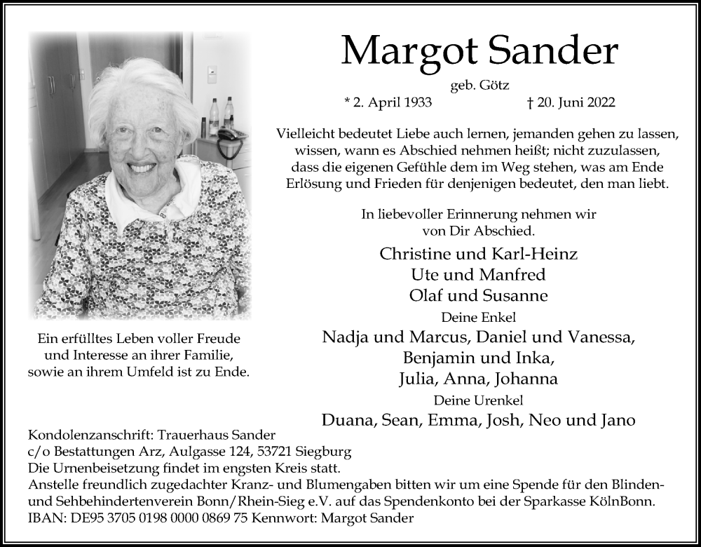  Traueranzeige für Margot Sander vom 02.07.2022 aus Kölner Stadt-Anzeiger / Kölnische Rundschau / Express