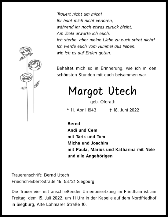 Anzeige von Margot Utech von Kölner Stadt-Anzeiger / Kölnische Rundschau / Express