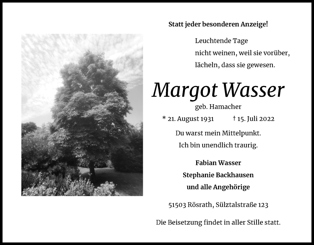  Traueranzeige für Margot Wasser vom 30.07.2022 aus Kölner Stadt-Anzeiger / Kölnische Rundschau / Express