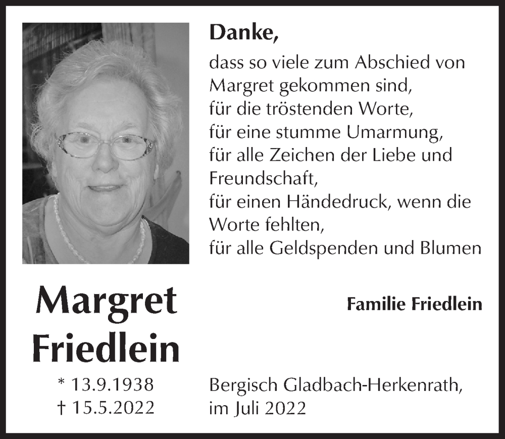  Traueranzeige für Margret Friedlein vom 08.07.2022 aus  Bergisches Handelsblatt 