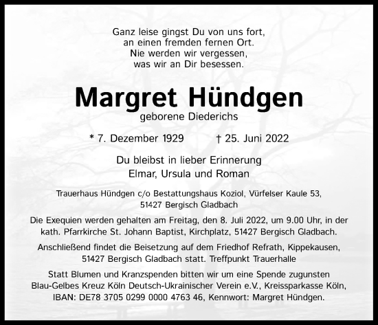 Anzeige von Margret Hündgen von Kölner Stadt-Anzeiger / Kölnische Rundschau / Express