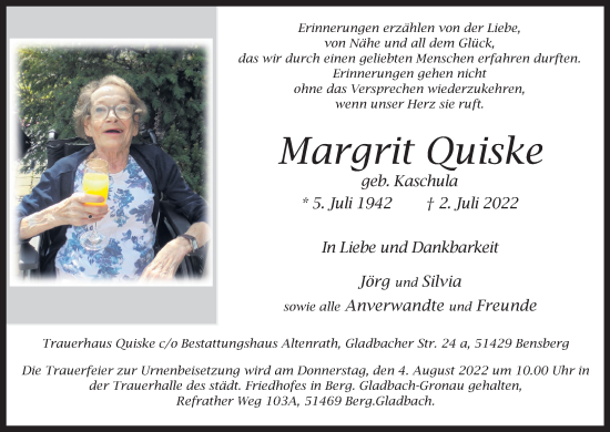 Anzeige von Margrit Quiske von Kölner Stadt-Anzeiger / Kölnische Rundschau / Express