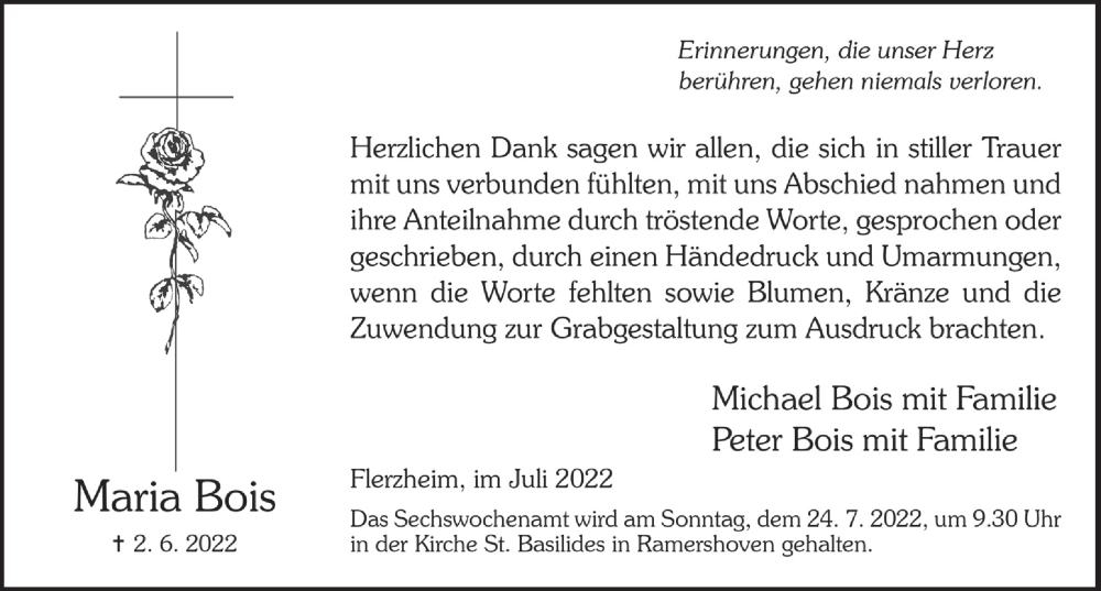  Traueranzeige für Maria Bois vom 15.07.2022 aus  Schaufenster/Blickpunkt 