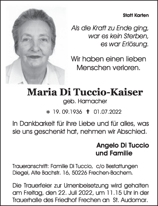 Anzeige von Maria Di Tuccio-Kaiser von  Wochenende 