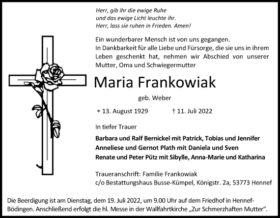 Anzeige von Maria Frankowiak von Kölner Stadt-Anzeiger / Kölnische Rundschau / Express