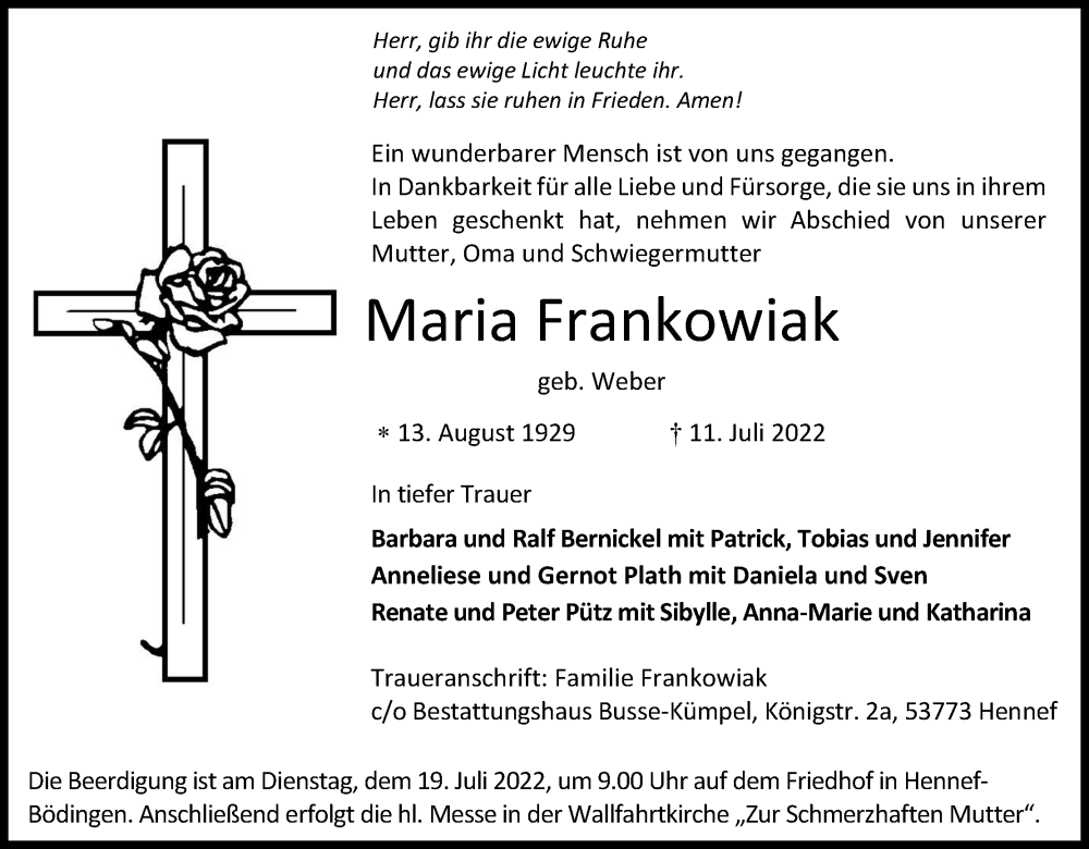  Traueranzeige für Maria Frankowiak vom 16.07.2022 aus Kölner Stadt-Anzeiger / Kölnische Rundschau / Express