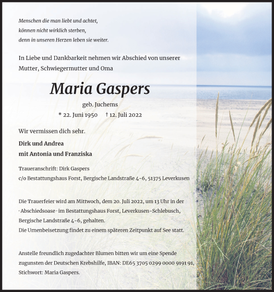 Anzeige von Maria Gaspers von Kölner Stadt-Anzeiger / Kölnische Rundschau / Express