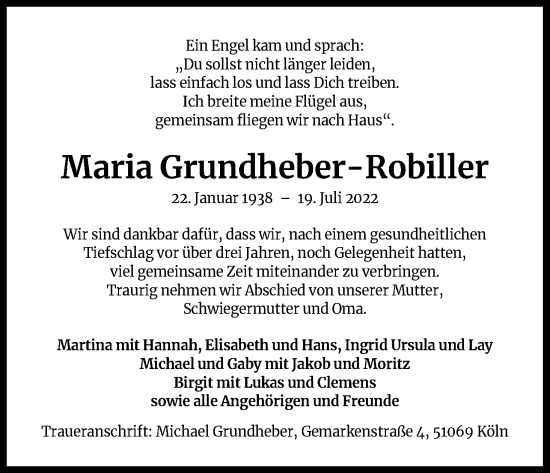 Anzeige von Maria Grundheber-Robiller von Kölner Stadt-Anzeiger / Kölnische Rundschau / Express