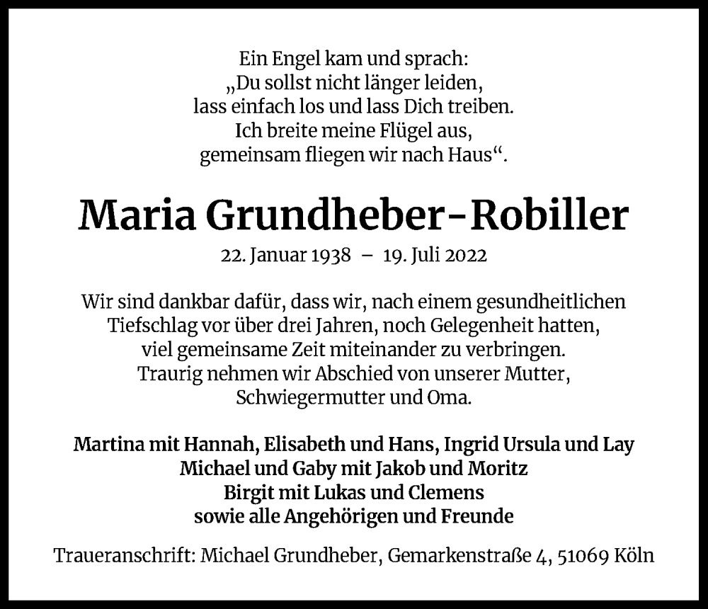  Traueranzeige für Maria Grundheber-Robiller vom 30.07.2022 aus Kölner Stadt-Anzeiger / Kölnische Rundschau / Express