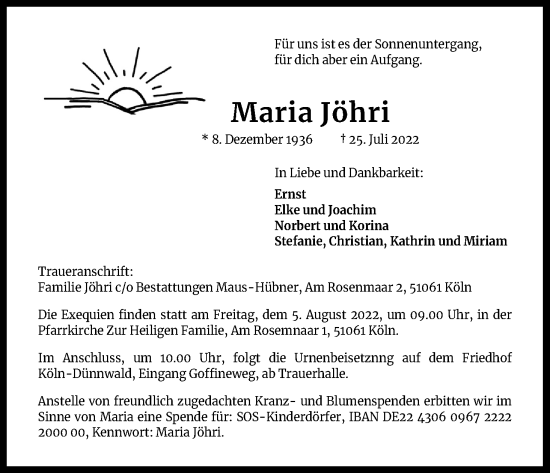 Anzeige von Maria Jöhri von Kölner Stadt-Anzeiger / Kölnische Rundschau / Express