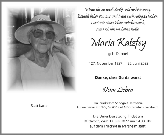 Anzeige von Maria Katzfey von  Blickpunkt Euskirchen 