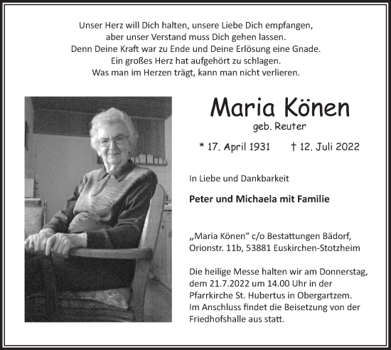 Anzeige von Maria Könen von  Blickpunkt Euskirchen 