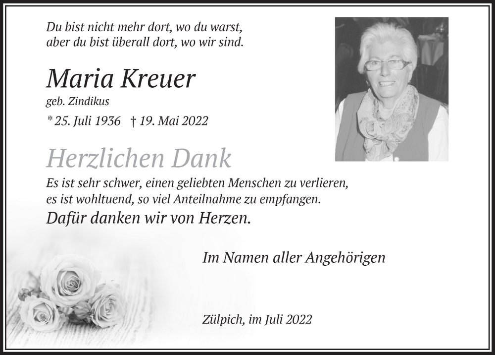  Traueranzeige für Maria Kreuer vom 02.07.2022 aus  Blickpunkt Euskirchen 