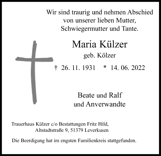 Anzeige von Maria Külzer von Kölner Stadt-Anzeiger / Kölnische Rundschau / Express