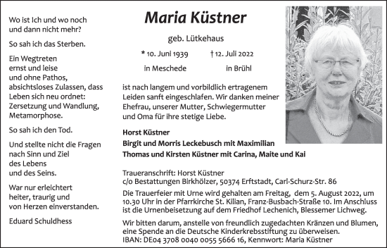 Anzeige von Maria Küstner von  Werbepost 