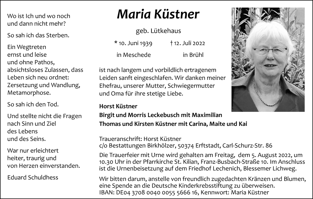  Traueranzeige für Maria Küstner vom 30.07.2022 aus Kölner Stadt-Anzeiger / Kölnische Rundschau / Express