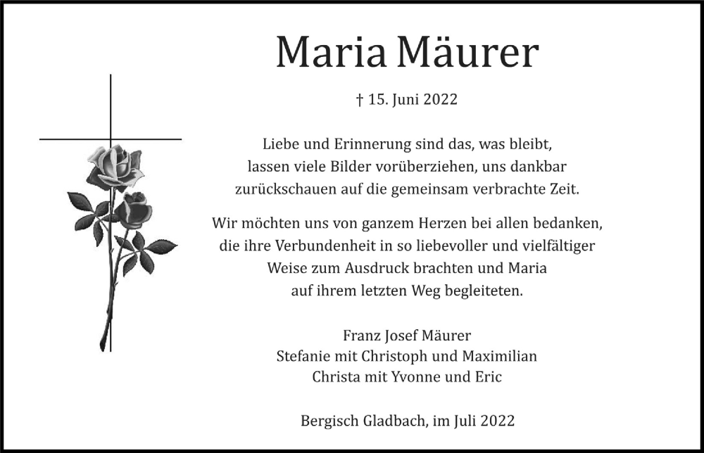  Traueranzeige für Maria Mäurer vom 22.07.2022 aus  Bergisches Handelsblatt 