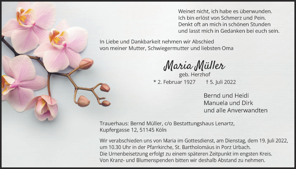  Traueranzeige für Maria Müller vom 15.07.2022 aus  EXPRESS - Die Woche 