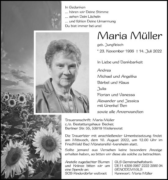 Anzeige von Maria Müller von  Blickpunkt Euskirchen 
