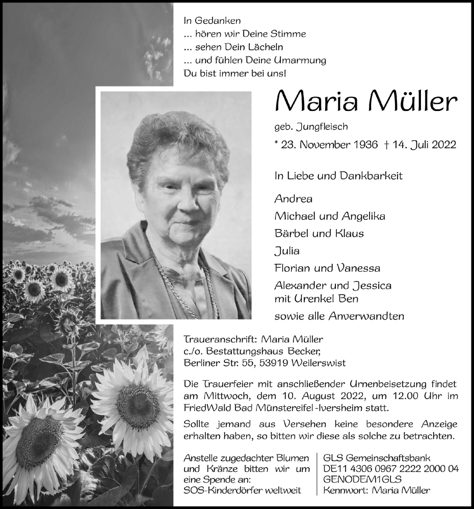  Traueranzeige für Maria Müller vom 23.07.2022 aus  Blickpunkt Euskirchen 