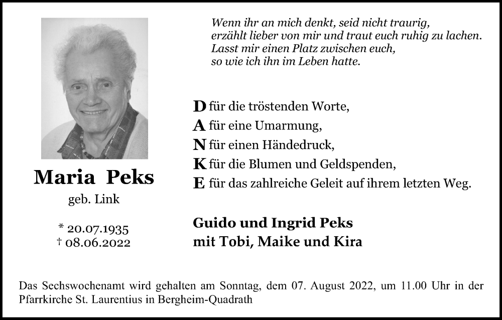  Traueranzeige für Maria Peks vom 30.07.2022 aus Kölner Stadt-Anzeiger / Kölnische Rundschau / Express