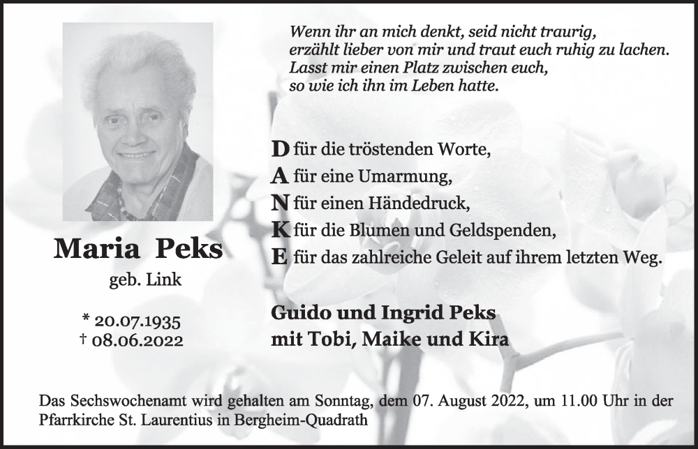  Traueranzeige für Maria Peks vom 29.07.2022 aus  Werbepost 