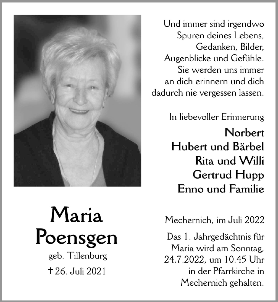  Traueranzeige für Maria Poensgen vom 23.07.2022 aus  Blickpunkt Euskirchen 