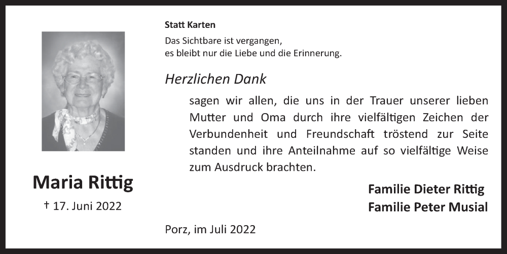  Traueranzeige für Maria Rittig vom 22.07.2022 aus  EXPRESS - Die Woche 