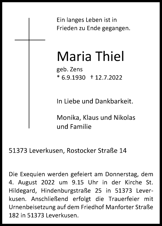 Anzeige von Maria Thiel von Kölner Stadt-Anzeiger / Kölnische Rundschau / Express