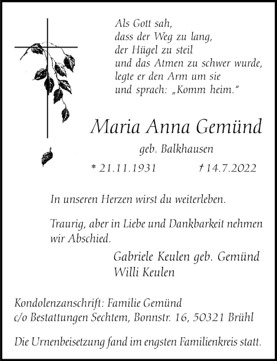 Anzeige von Maria Anna Gemünd von  Werbepost 