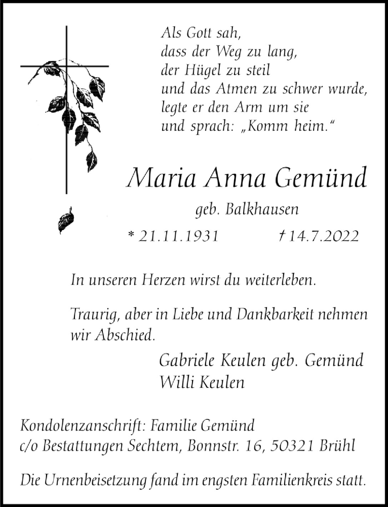  Traueranzeige für Maria Anna Gemünd vom 29.07.2022 aus  Werbepost 