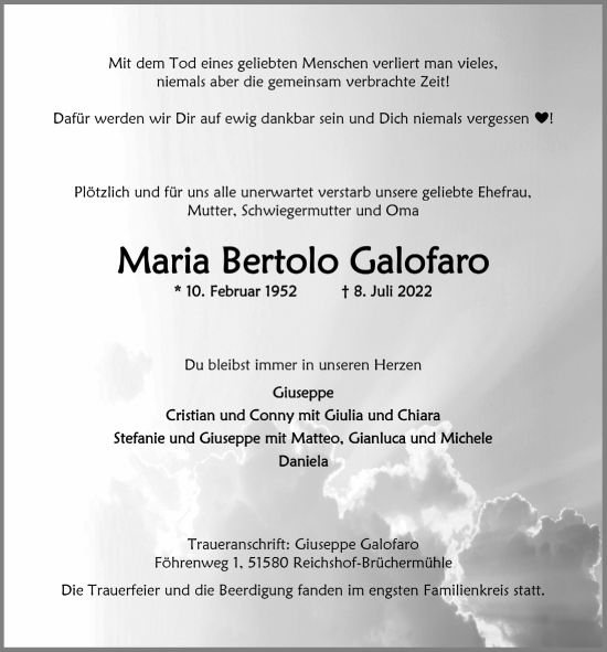 Anzeige von Maria Bertolo Galofaro von  Anzeigen Echo 