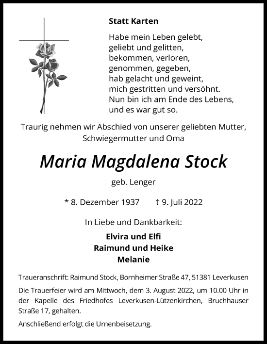 Anzeige von Maria Magdalena Stock von Kölner Stadt-Anzeiger / Kölnische Rundschau / Express