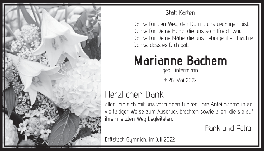  Traueranzeige für Marianne Bachem vom 08.07.2022 aus  Werbepost 
