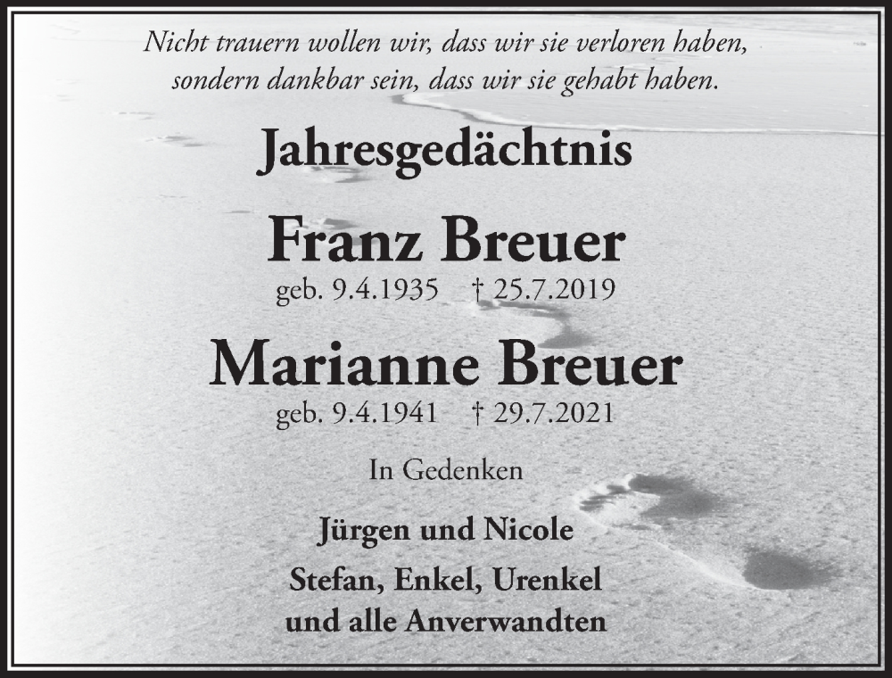  Traueranzeige für Marianne Breuer vom 30.07.2022 aus  Blickpunkt Euskirchen 