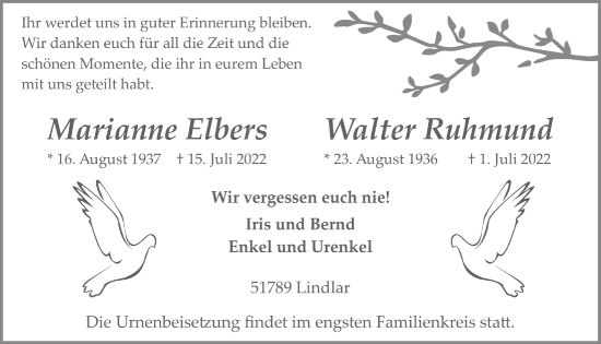 Anzeige von Marianne Elbers von  Anzeigen Echo 