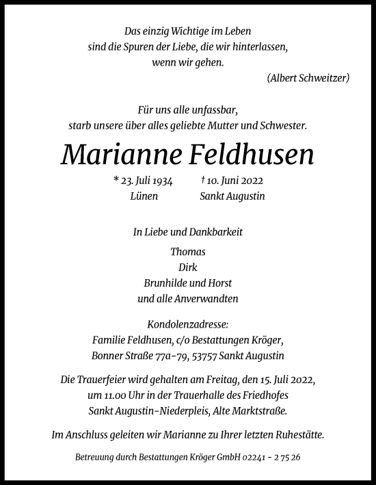 Anzeige von Marianne Feldhusen von Kölner Stadt-Anzeiger / Kölnische Rundschau / Express