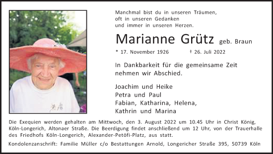 Anzeige von Marianne Grütz von Kölner Stadt-Anzeiger / Kölnische Rundschau / Express